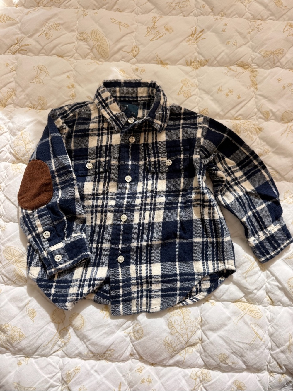 Ralph Lauren Navy and Cream Plaid Button-Down Shirt with Elbow Patches